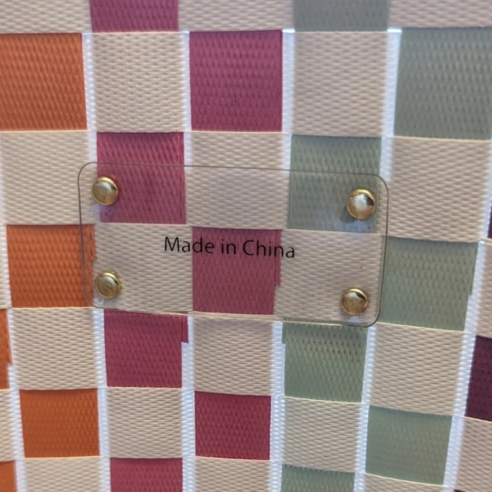 Kate Spade Multicolor Woven Tote Checkerboard Pastel Brights Striped Beach Bag L